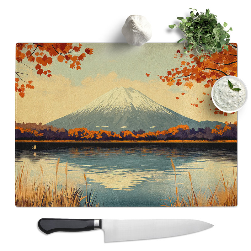 Japanese Mountains Graphic  Glass Chopping Board