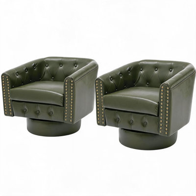 Fauteuil d'appoint pivotant à 360 ° pour salon ou chambre à coucher - Revêtement en similicuir - Garniture de rivet - Chaise de lecture ronde confortable - Vert