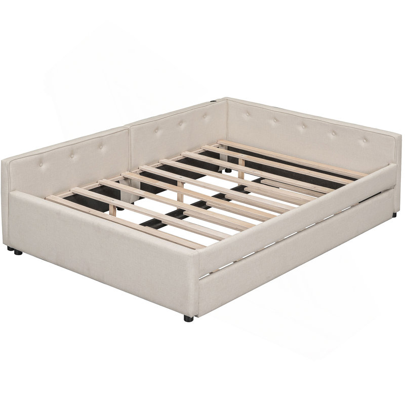 Lit plateforme tapissier avec port USB et lit gigogne simple, Lit double