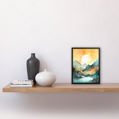 Sun Rising over Mountain Lakeside Landscape Modern Pastel Teal and Orange 1 Piece Single Picture Frame Wall Art