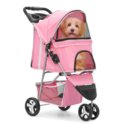 Foldable Pet Stroller With Weather Cover, 3 Wheels Pet Strolling Cart For Small/Medium Dogs And Cats With Storage Basket And Cup Holder, Breathable An -  Textiles Hub, WFY - AM - B0C85-CRBQH