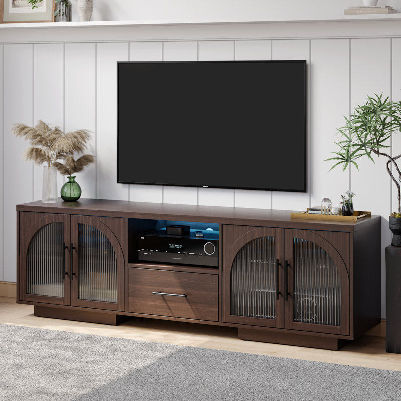 Kadro 70" Tv Stand For 80 Inch Tvs Entertainment Center With Led Lights And Arched Glass Doors Wood Finish Adjustable Shelves Modern Tv Cabinet For Living Room