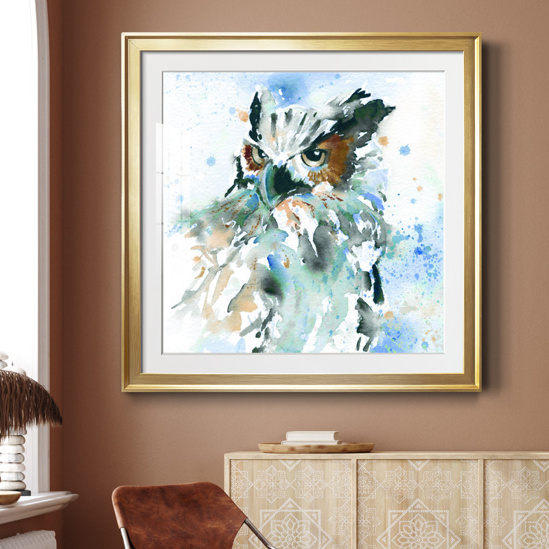 Chouette sur fond bleu - peinture encadrée, H 30,5 po x l 30,5 po x P 1,5 po, Papier avec cadre argenté
