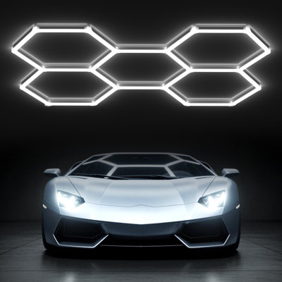 Modern Hexagon LED Ceiling Light with 5 Grids, DIY Honeycomb Design for Garage, Studio, Gym or Game Room
