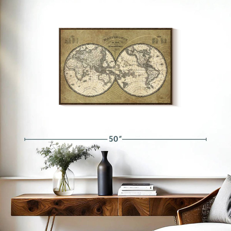 Carte du monde français I, 46 po x 31 po, Cadre flottant noyer