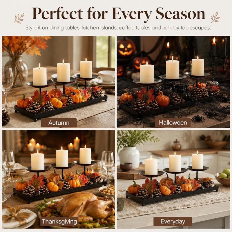 Set of 3 Black Rustic Metal Pillar Candle Holders, Fall Table Centerpiece, Candle Stands for Thanksgiving Christmas Mantel Decor