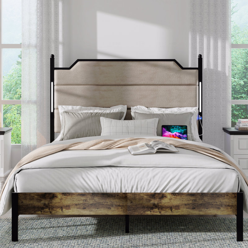 Queen Size Bed Frame with Upholstered Headboard – Built-in Charging Station & LED Lights, Queen