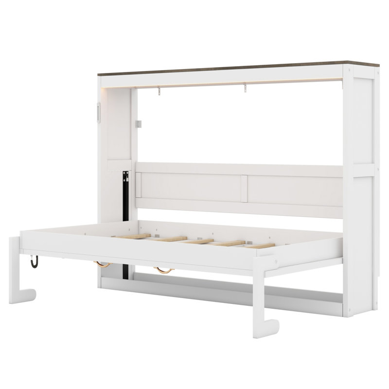 Lit escamotable mural pliable avec éclairage DEL, solution moderne pour économiser de l'espace, Blanc + brun, Double
