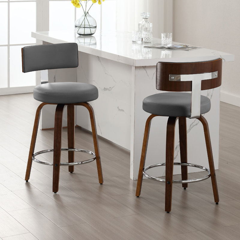 Tabouret de bar et de comptoir Sonja, Tabouret de comptoir (siège d'une hauteur de 26 p, Siège gris / cadre brun