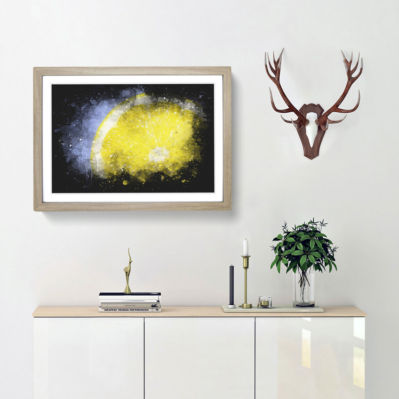 Lemon Slice Paint Splash - Picture Frame Graphic Art, 33cm H x 45cm W x 2cm D, Oak Framed