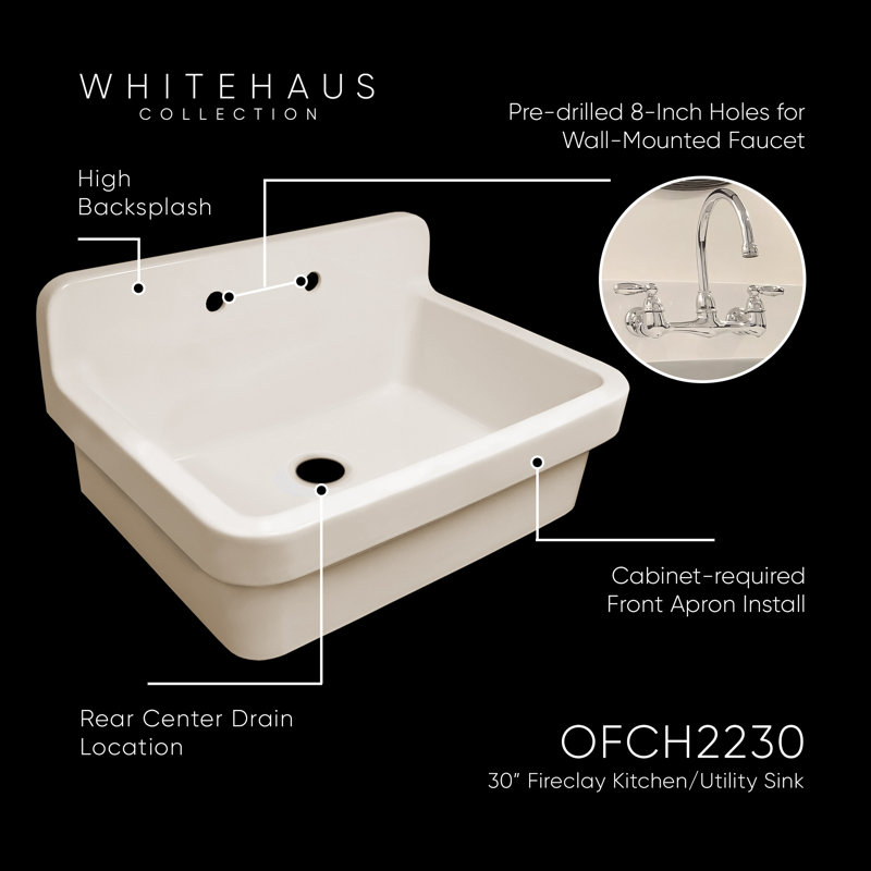 Fireclay 30" x 22" Drop-in Sink with 2 Faucet Holes on Backsplash, Biscuit