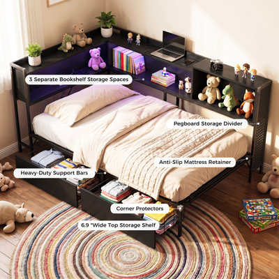 Lit de jour avec 2 tiroirs, lit d'angle avec bibliothèque et base de chargement, lit plateforme en métal pour chambre à coucher, chambre d'amis