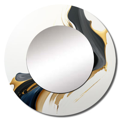 Poineau Black, White And Gold Liquid Art II - Liquid Ink Decorative Wall Mirror, Modern Round Mirror, Printed Metal Art