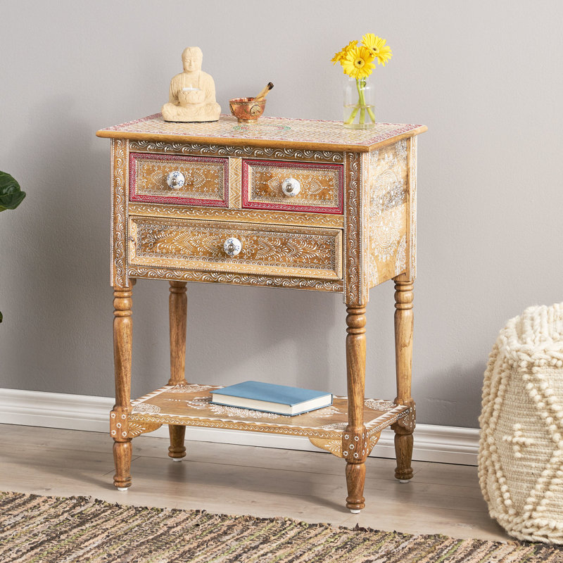 Table d'appoint à 2 tiroirs en bois de manguier peinte à la main, 26 po de hauteur, pour le rangement et la décoration intérieure fabriquée avec trois tiroirs, en bois