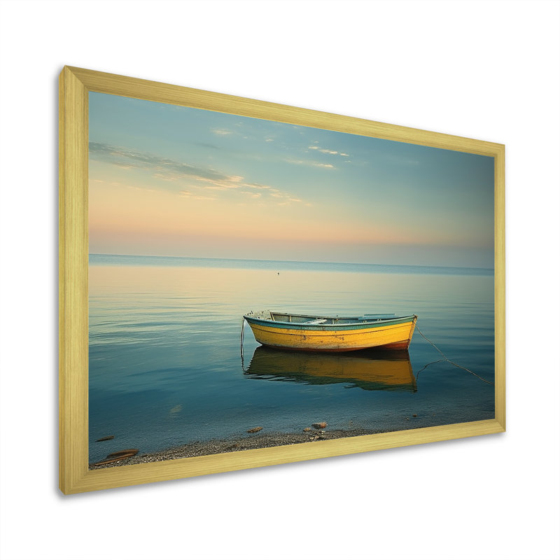 Bleu et jaune, bateau, paysage, bateau, toile, art mural, Cadre photo doré simple, H 34 po x l 44 po x P 1,5 po