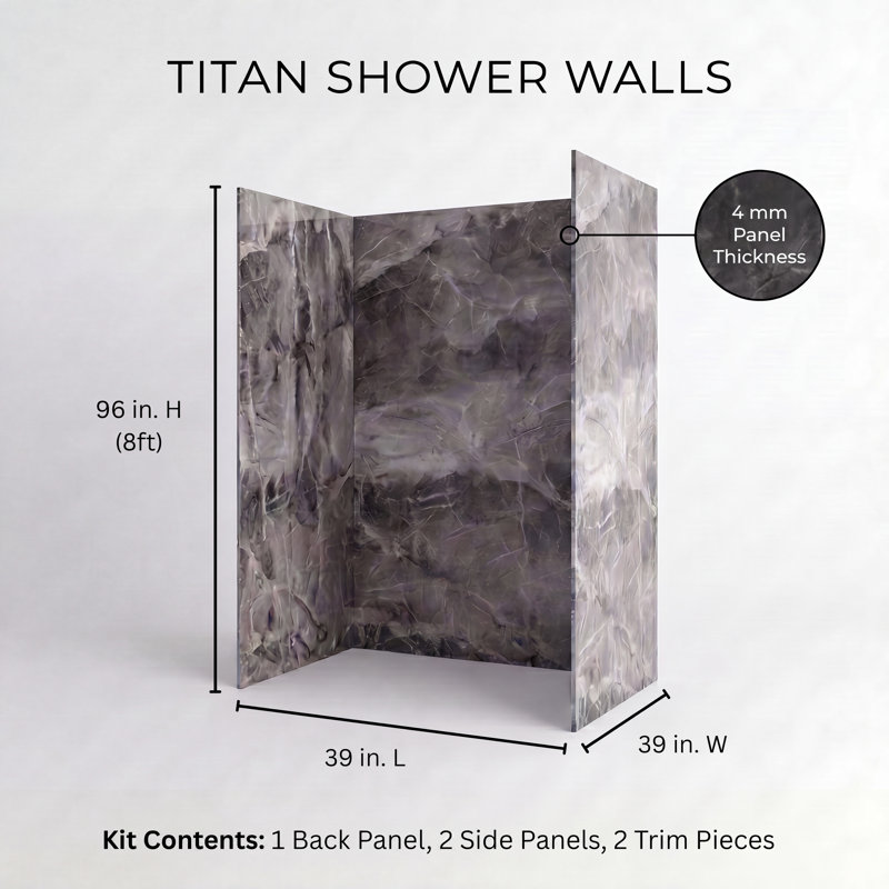 Titan Aluminum Composite 36" W x 36" D x 96" H 3-Piece Trimmable Shower Wall Panel Kit, Caesar Grey Matte Textured