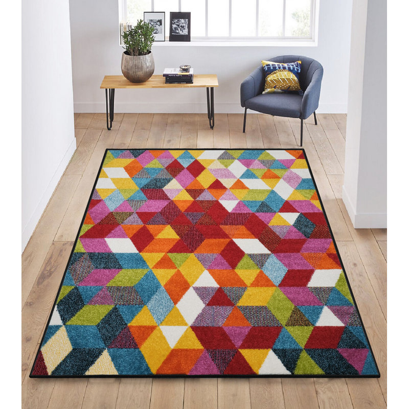 Tapis géométrique rectangulaire rouge / vert / jaune / bleu en polypropylène tissé à la machine