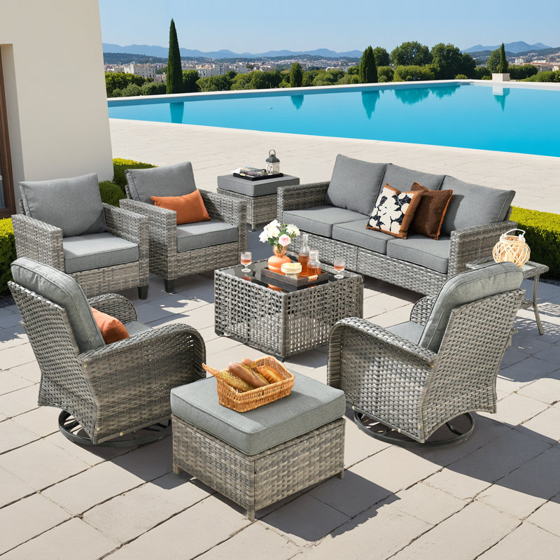 9 - Person Patio Furniture Set With Swivel Rocker, Outdoor Wicker Rattan Seating Group With Cushions, All Weather Sofa Conversation Set With Led Lighted Coffee Table For Garden Backyard