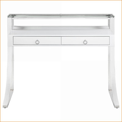 Bureau, bureau d'écriture moderne blanc ultrabrillant avec 2 tiroirs Huche en verre | Bois aggloméré + métal | H 36 po x l 48 po x P 23,5 po