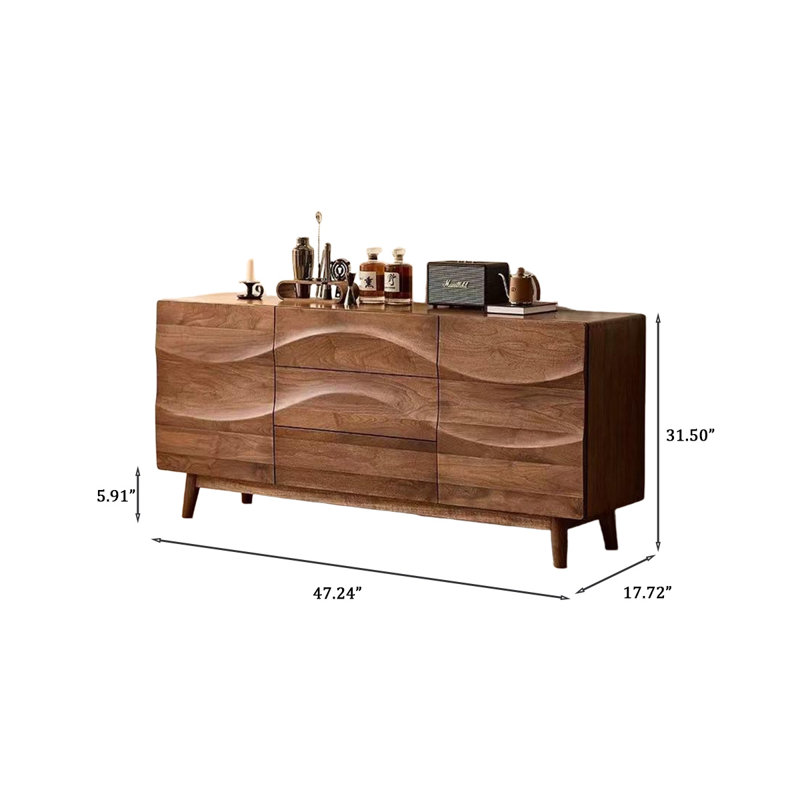 Buffet en bois de noyer moderne et minimaliste moderne | Rangement spacieux Wave Design, H 31,5 po x l 47,24 po x P 17,72 po
