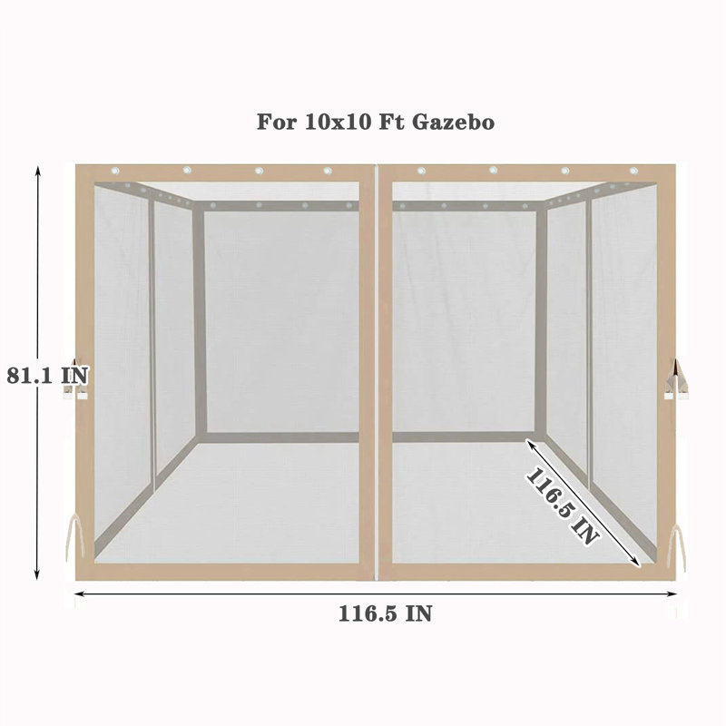 Filet de remplacement à 4 côtés pour abri de jardin 10 pi x 10 pi, filet beige avec fermetures à glissière, taille 116,5 po x 81,1 po, entrée et sortie faciles côté W, P, H, sécurisées par des anneaux de fixation à deux sangles de fixation