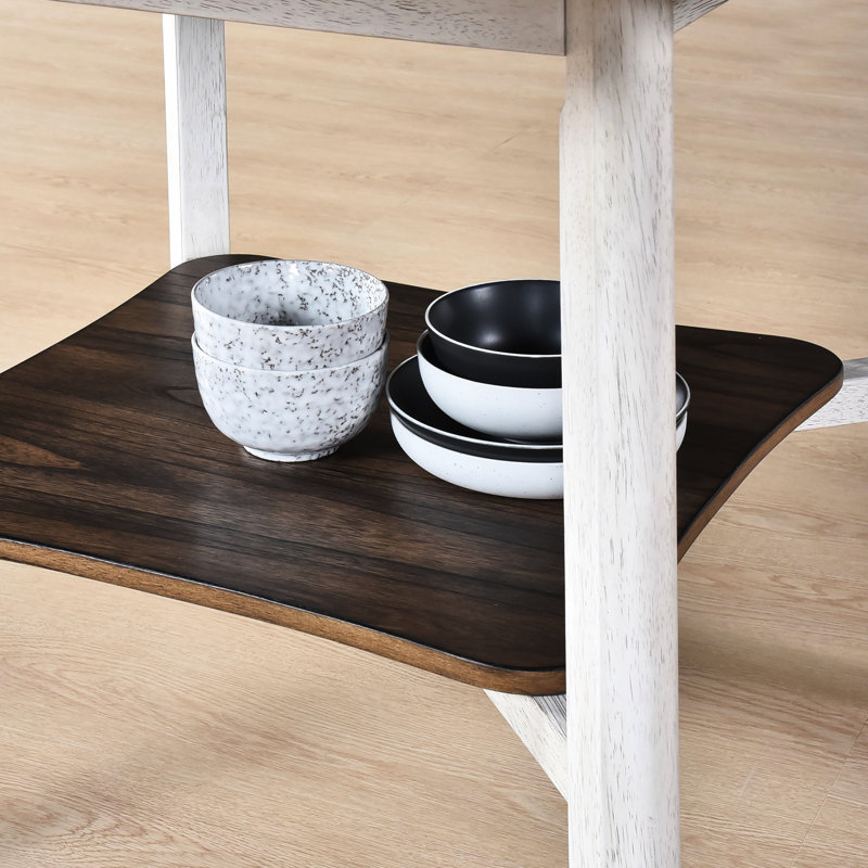 Table de salle à manger ronde 45,7 pouces avec tablette. Look moderne. Plateau en bois foncé et base blanchie. Solide +. 44,59 po X 30 po Convient aux petits espaces. Rehausse le style rustique et chic de la décoration intérieure. Chêne antique