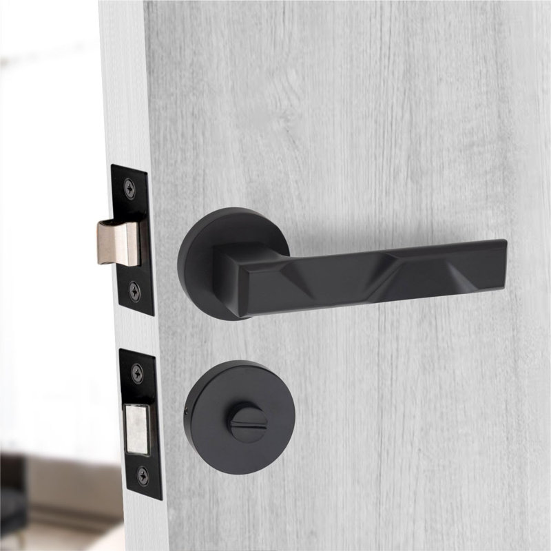  Modern Nova Premium Design Bathroom Door Handles on Round Rose in Matt Black Finish with Dead Bolt, Latch, Ball Hinges and Thumbturn