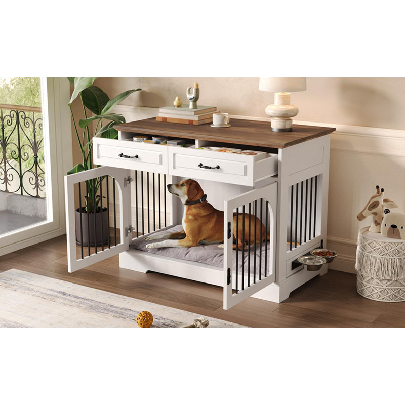 Meuble pour chien 43,3 "avec 2 tiroirs de rangement et bols rotatifs - pour chiens de grande et moyenne taille