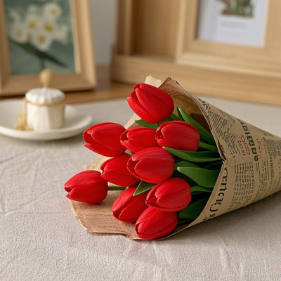 10 Stems Real Touch Artificial Tulips, 13.7" PU Silk Fake Tulip Flowers Bouquet for Spring Floral Arrangements, Table Centerpiece, Home Kitchen, Easter Mother's Day Decor