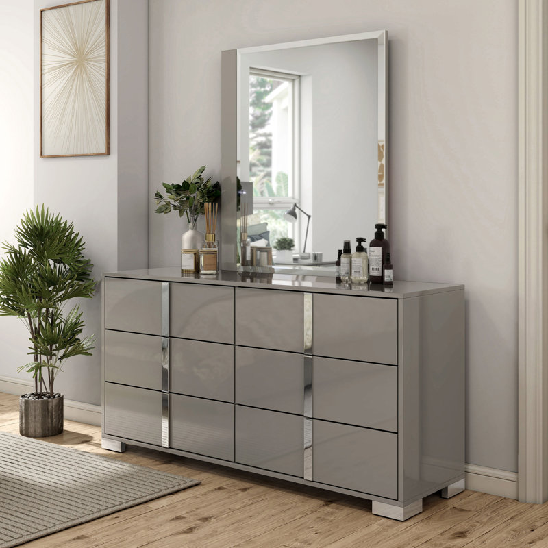 Duckworth 6-Drawer Dresser With Mirror, Taupe Gray