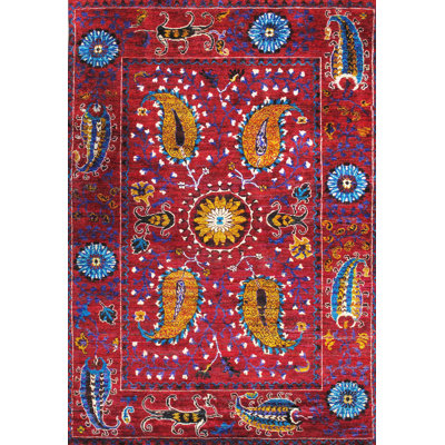 Tapis oriental en soie noué à la main rouge / bleu / orange Melody
