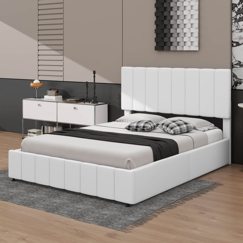 Lit plateforme tapissier luxueux avec rangement à levage hydraulique, Double, Blanc