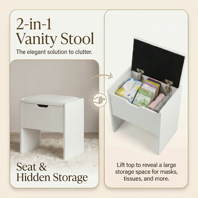 2-In-1 Vanity Stool With Hidden Storage, Modern Upholstered Seat Storage Bench For Bedroom, Makeup Room – Available In 2 Colors