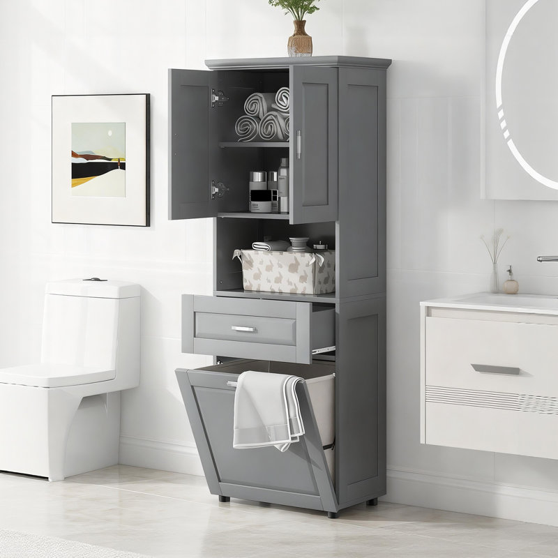 Grande armoire de salle de bain avec panier à linge intégré, grand panier inclinable et armoire de rangement supérieure, Gris