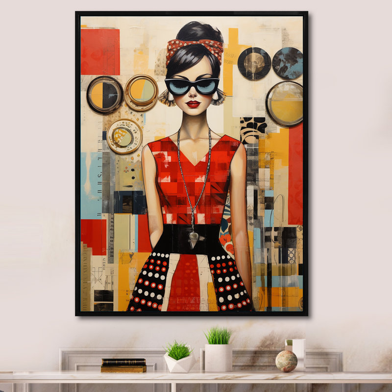 Mid Century Retro Woman Portrait V - Abstract Midcentury, art mural encadré, H 32 po x l 16 po x P 1 po, Cadre flottant noir