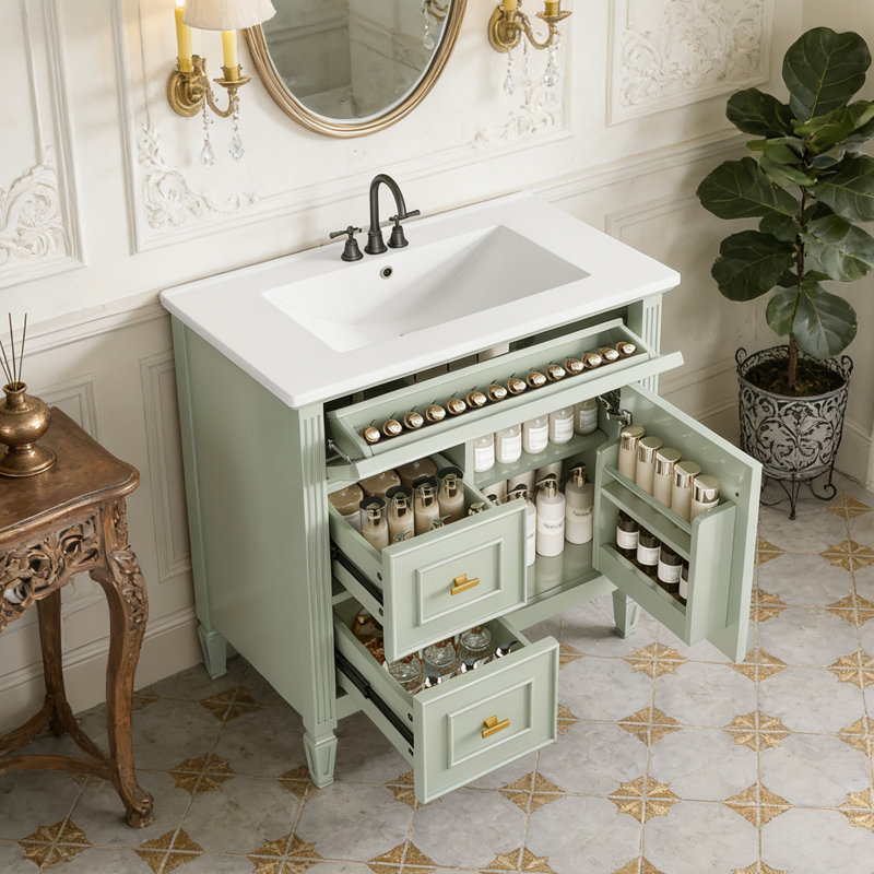 Meuble-lavabo de 30 pouces avec lavabo en céramique, armoire en bois massif et bois aggloméré, 1 tiroir rabattable, 2 tiroirs