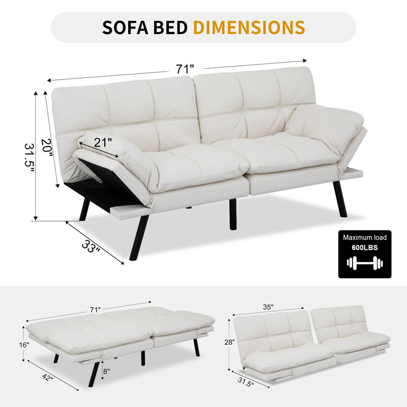 Canapé-lit convertible 71 po, canapé-lit futon simple, Similicuir blanc