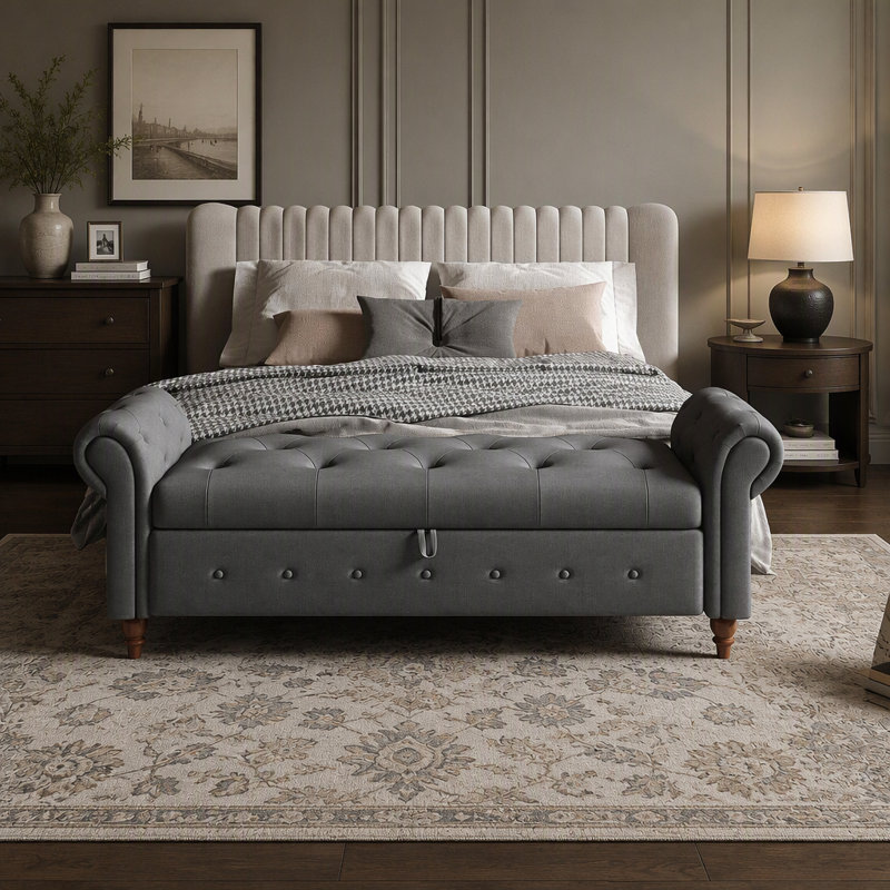 Banc de lit en tissu gris foncé