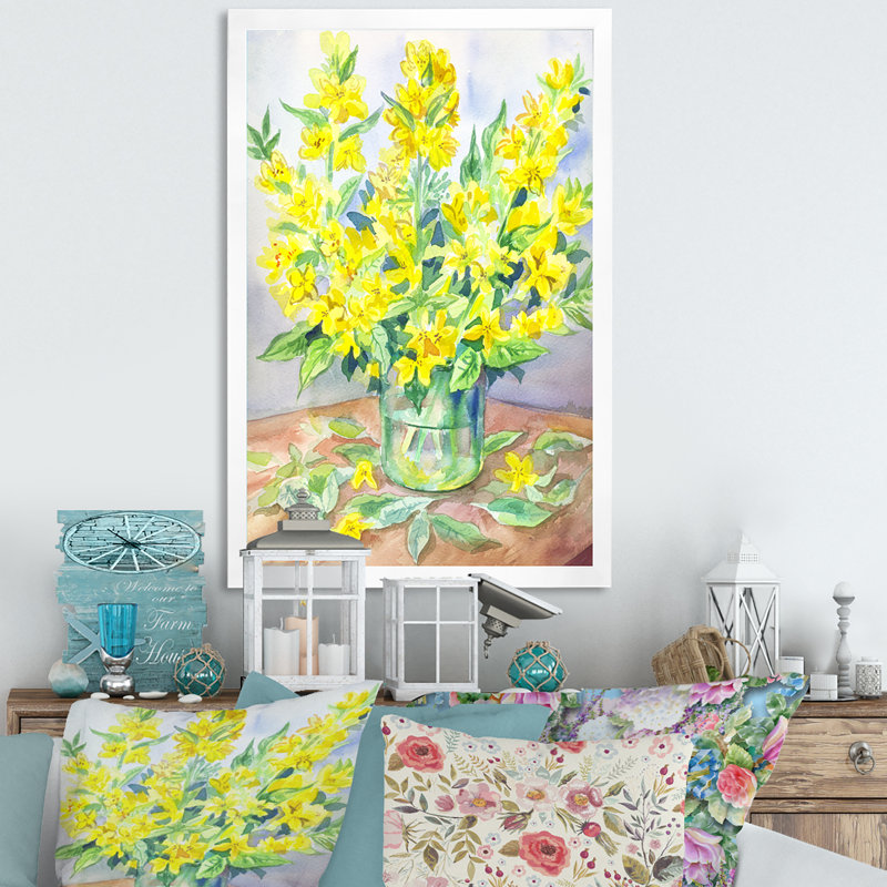 Fleurs de verveine jaunes en fleurs - Peinture sur toile, H 20 po x l 12 po x P 1 po, Cadre photo blanc