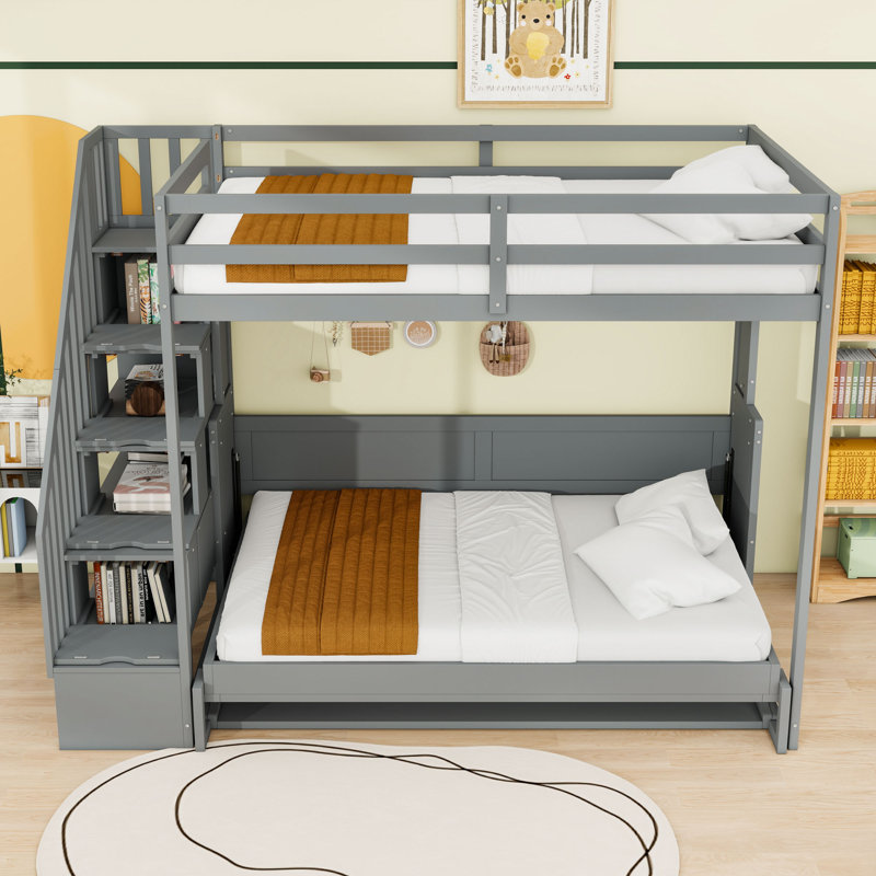 Lit superposé double au-dessus de double avec tablettes et escalier de rangement, Gris