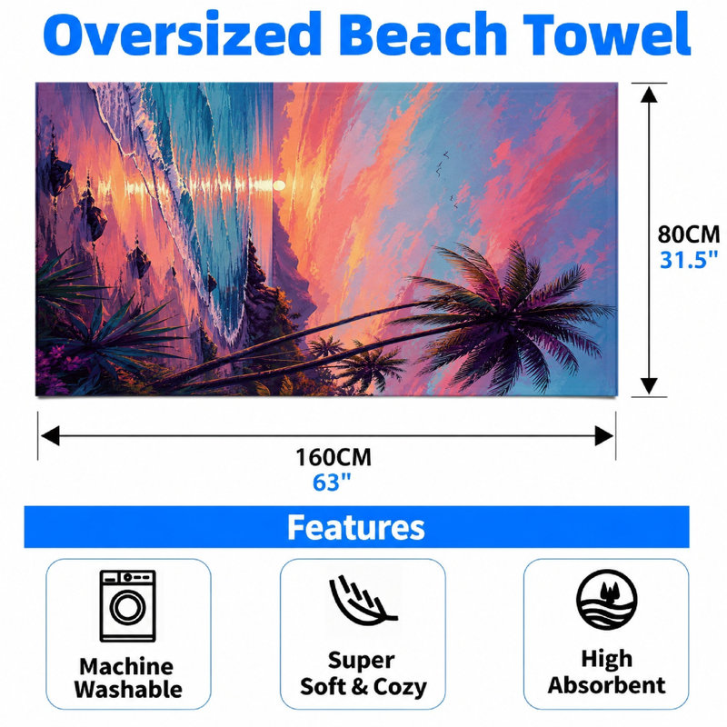 1Pcs Tropical Beach Towel, featuring a stunning sunset over the ocean with palm trees and vibrant clouds, artistic watercolor design, perfect for, travel, outdoor activities, unisex.