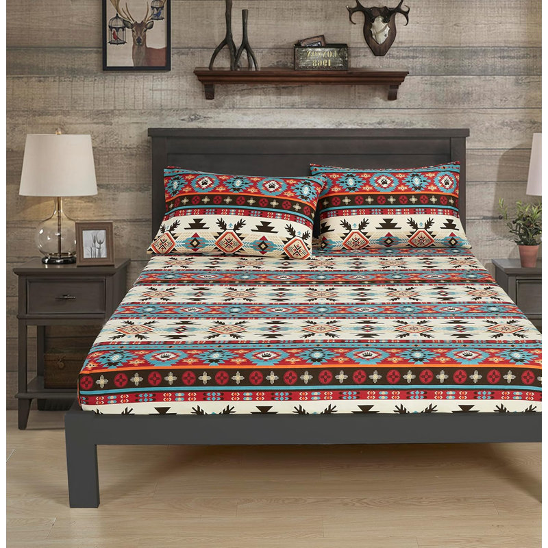 Southwestern Geometric Printed Microfiber Bed Sheet Set, Queen Sheet Set with 2 Pillowcases