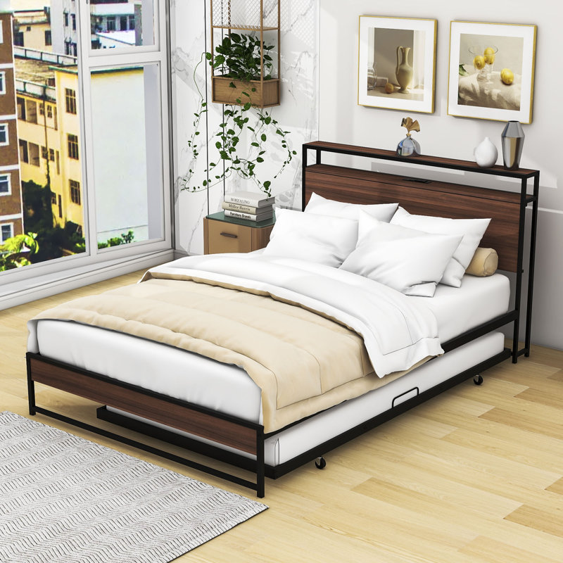 Maroma Metal and Wood Platform Bed with Twin Size Trundle, Full, Black