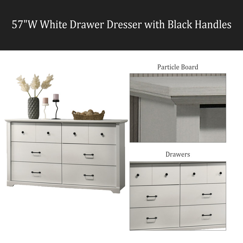 Commode à tiroirs l 57 po avec poignées noires, Blanc