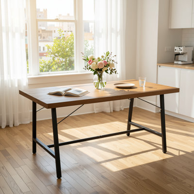 63" Rectangular Dining Table for 4-6 Rustic Brown MDF Top Kitchen Table with Metal Legs