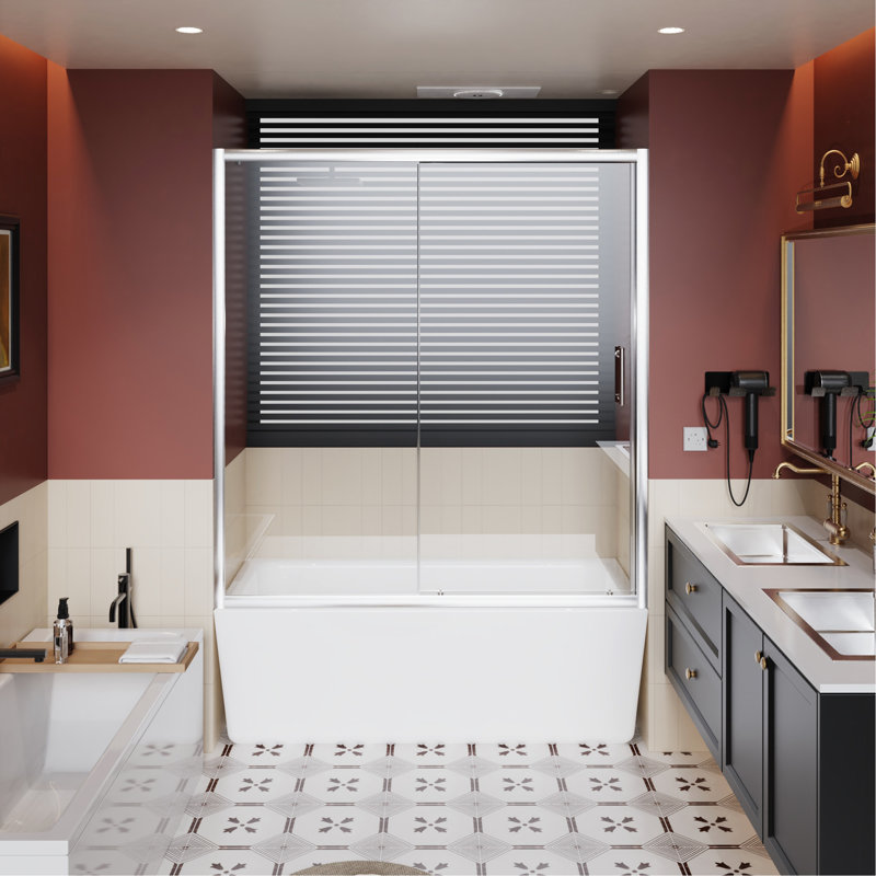 60.In W X 62.In H Single Sliding Shower Door For Bathtub, 1/5 Inch Thick Clear Tempered Glass Shower Door With Stainless Steel Handle, Chrome