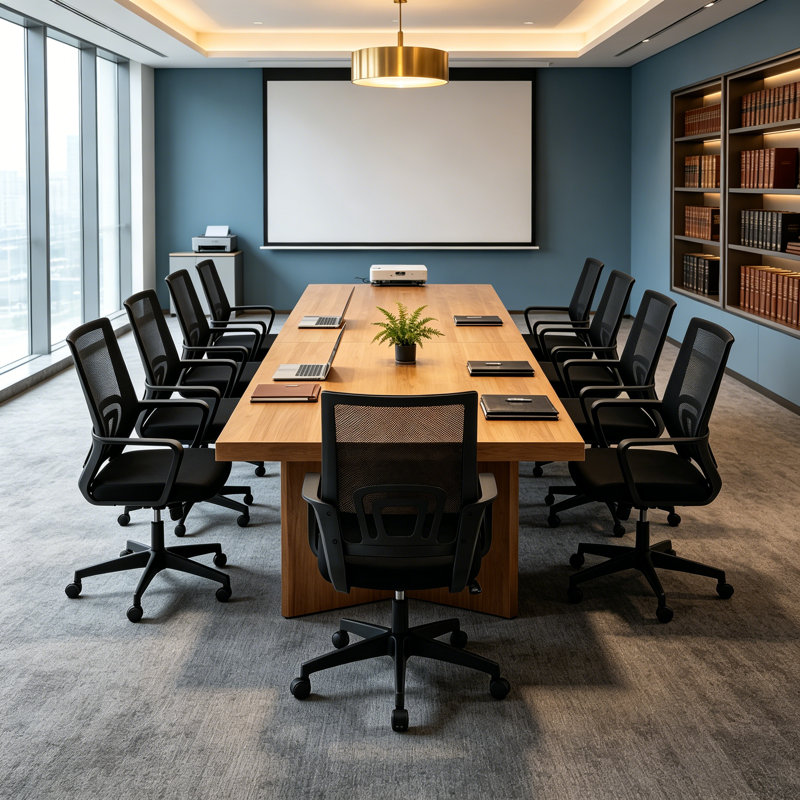 Table de conférence en bois massif avec 8 chaises ergonomiques en filet - Ensemble de salle de réunion moderne, Noir