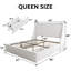  Cadre de grand lit avec 4 tiroirs de rangement, cadre de lit plateforme tapissier avec ports USB Type-c et, tête de lit à oreilles avec rangement, blanc