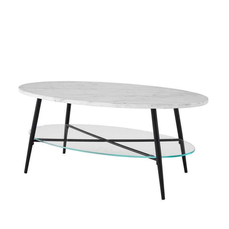 Table basse avec rangement Evenson, Faux marbre blanc, Noir