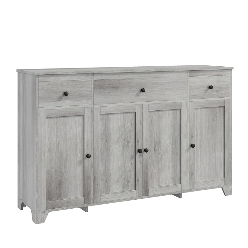 55" Sideboard Buffet Cabinet with Storage, Minimalist Kitchen Storage Cabinet with 3 Drawers & 4 Doors, Farmhouse Buffet Console Table Coffee Bar with Adjustable Shelf for Kitchen